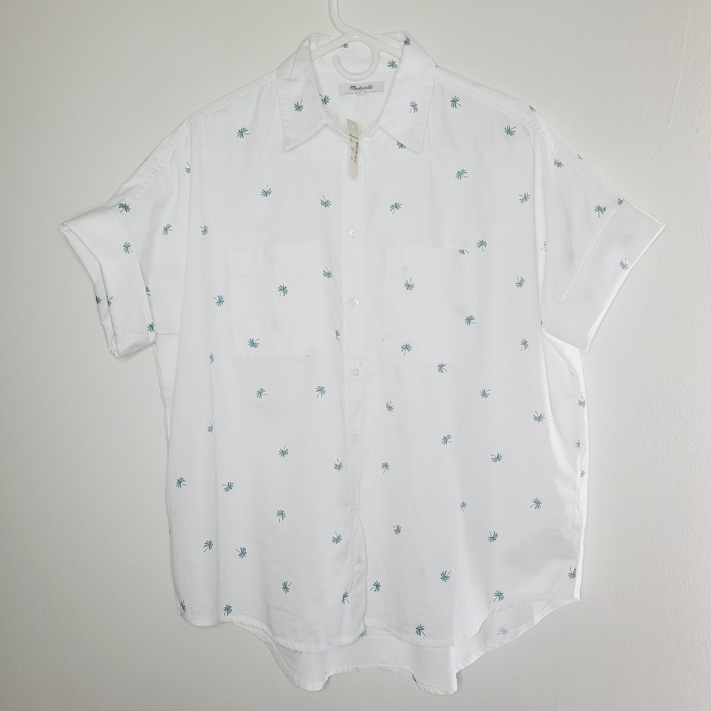 Madewell White Cotton Courier Shirt Palm Print Women’s Small Oversized Vacation